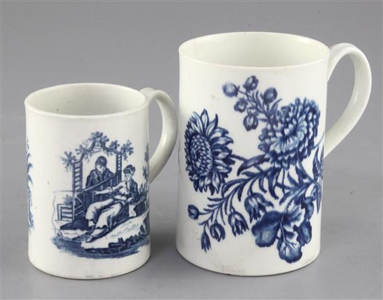 A Caughley floral spray pattern mug, c.1780 and a Worcester La Peche / Le Promenade small mug